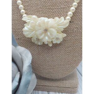 Vintage Faux Pearl Molded Floral Celluloid & Rhinestone Pendant Necklace Hook
